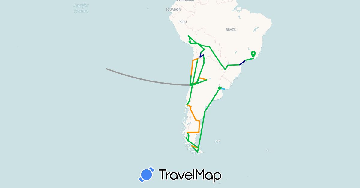 TravelMap itinerary: driving, bus, plane, boat, hitchhiking in Argentina, Bolivia, Brazil, Chile, Peru, Paraguay, Uruguay (South America)